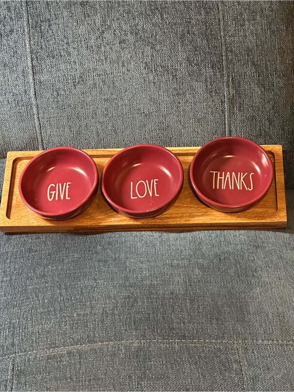 Rae Dunn “Give” “Love” “Thanks” Ceramic Serving Bowls on Wood Tray